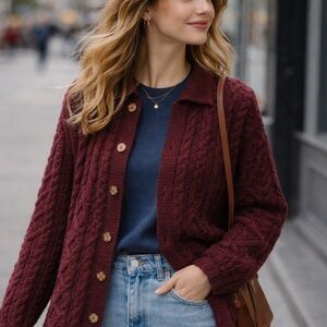 Cladyknit Vintage Cable Knit Pure Merino Wool Cardigan Sweater Size Large